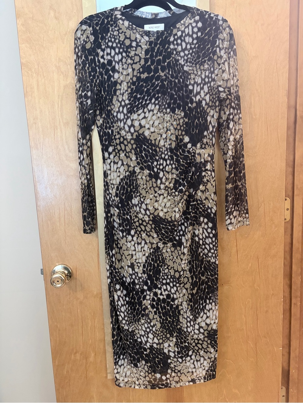 Nine West Black and Tan Animal-Print Long Sleeve Midi Dress
